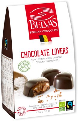 CZEKOLADKI BELGIJSKIE SERCA Z KARMELEM I SOLĄ MORSKĄ FAIR TRADE BEZGLUTENOWE BIO 100 g - BELVAS BELVAS (belgijskie czekoladki)