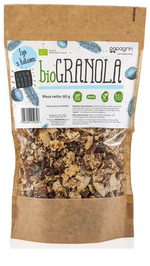 GRANOLA FIGA Z KOKOSEM BEZ DODATKU CUKRÓW BEZGLUTENOWA BIO 60 g - PAPAGRIN PAPAGRIN (granole) GRANOLA FIGA Z KOKOSEM BEZ DODATKU CUKRÓW BEZGLUTENOWA BIO 60 g - PAPAGRIN PAPAGRIN (granole)