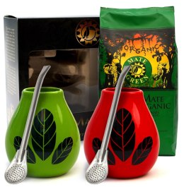 ZESTAW DLA DWOJGA YERBA MATE BIO 400 g, 2 x MATERO (LOSOWY WZÓR), 2 x BOMBILLA - ORGANIC MATE GREEN ORGANIC MATE GREEN (yerba mate)