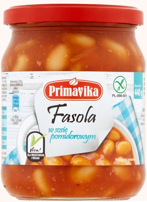 FASOLA W SOSIE POMIDOROWYM BEZGLUTENOWA 440 g - PRIMAVIKA PRIMAVIKA (przetwory i pasty vege) FASOLA W SOSIE POMIDOROWYM BEZGLUTENOWA 440 g - PRIMAVIKA PRIMAVIKA (przetwory i pasty vege)