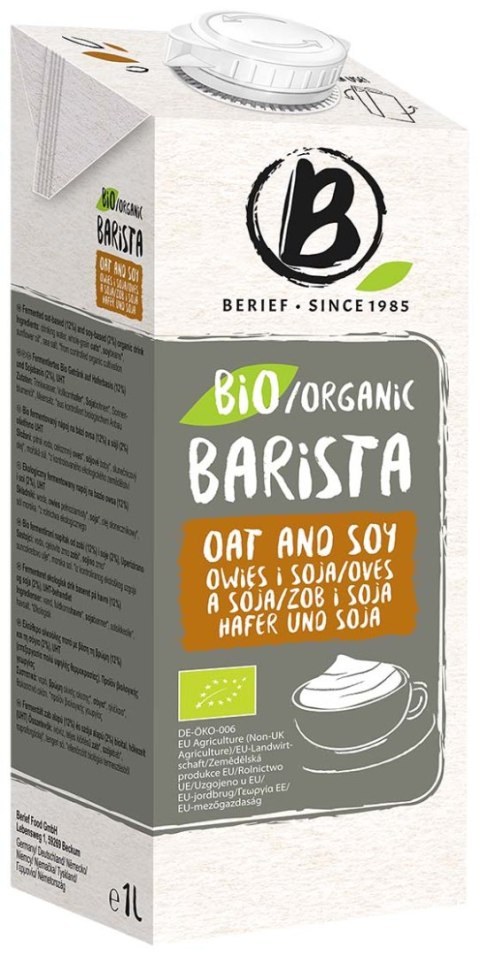 NAPÓJ OWSIANO - SOJOWY BARISTA BEZ DODATKU CUKRÓW BIO 1 L - BERIEF BERIEF (napoje roślinne) NAPÓJ OWSIANO - SOJOWY BARISTA BEZ DODATKU CUKRÓW BIO 1 L - BERIEF BERIEF (napoje roślinne)