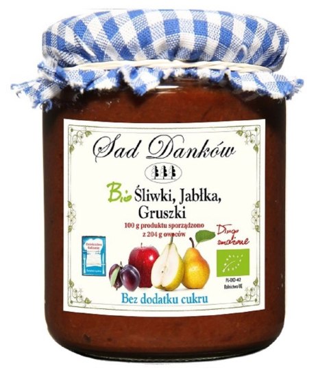 ŚLIWKA - JABŁKO - GRUSZKA BEZ DODATKU CUKRÓW BIO 270 g - SAD DANKÓW SAD DANKÓW (przetwory owocowe) ŚLIWKA - JABŁKO - GRUSZKA BEZ DODATKU CUKRÓW BIO 270 g - SAD DANKÓW SAD DANKÓW (przetwory owocowe)