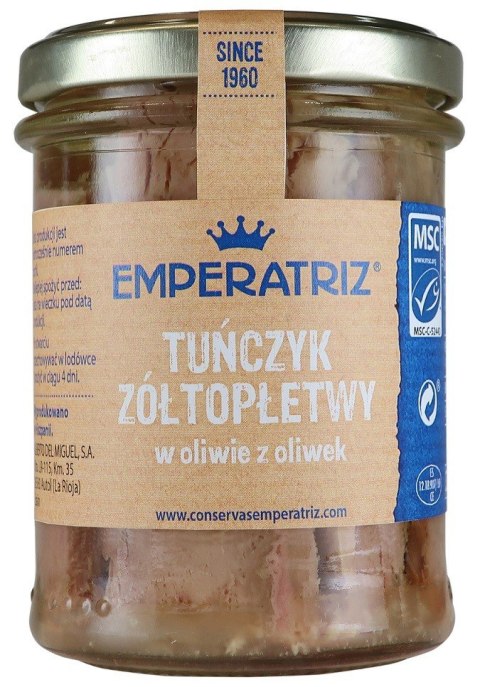 TUŃCZYK ŻÓŁTOPŁETWY FILETY MSC W OLIWIE Z OLIWEK 200 g (SŁOIK) - EMPERATRIZ EMPERATRIZ (tuńczyk, sardynki, makrela) TUŃCZYK ŻÓŁTOPŁETWY FILETY MSC W OLIWIE Z OLIWEK 200 g (SŁOIK) - EMPERATRIZ EMPERATRIZ (tuńczyk, sardynki, makrela)