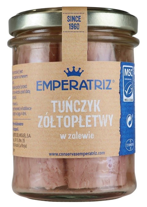TUŃCZYK ŻÓŁTOPŁETWY FILETY MSC W SOSIE WŁASNYM 200 g (140 g) (SŁOIK) - EMPERATRIZ EMPERATRIZ (tuńczyk, sardynki, makrela) TUŃCZYK ŻÓŁTOPŁETWY FILETY MSC W SOSIE WŁASNYM 200 g (140 g) (SŁOIK) - EMPERATRIZ EMPERATRIZ (tuńczyk, sardynki, makrela)