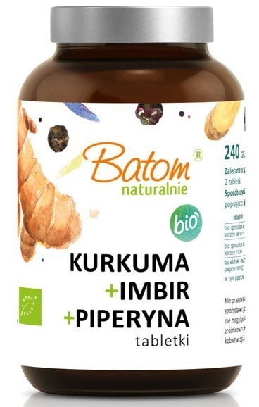 KURKUMA + IMBIR + PIPERYNA BIO 240 TABLETEK - BATOM BATOM (oleje, soki, sole kąpielowe) KURKUMA + IMBIR + PIPERYNA BIO 240 TABLETEK - BATOM BATOM (oleje, soki, sole kąpielowe)