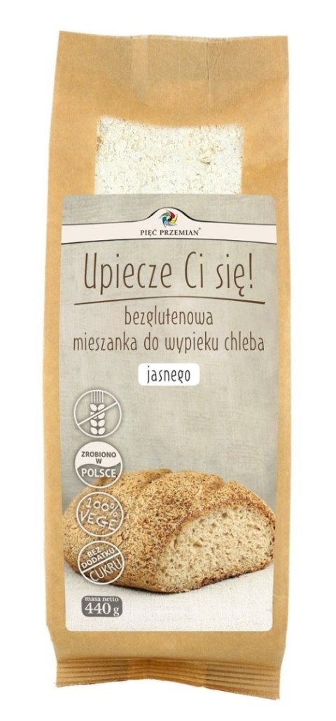 MIESZANKA DO WYPIEKU CHLEBA JASNEGO BEZ DODATKU CUKRÓW BEZGLUTENOWA 440 g - PIĘĆ PRZEMIAN PIĘĆ PRZEMIAN (produkty spożywcze) MIESZANKA DO WYPIEKU CHLEBA JASNEGO BEZ DODATKU CUKRÓW BEZGLUTENOWA 440 g - PIĘĆ PRZEMIAN PIĘĆ PRZEMIAN (produkty spożywcze)