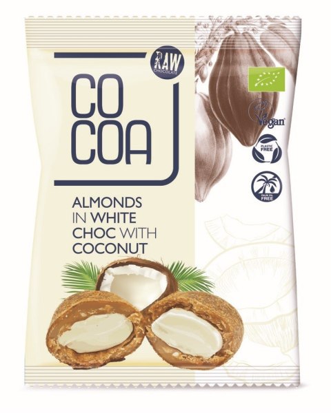 MIGDAŁY W BIAŁEJ POLEWIE KOKOSOWEJ BIO 70 g - COCOA COCOA (czekolady i bakalie w surowej czekoladzie) MIGDAŁY W BIAŁEJ POLEWIE KOKOSOWEJ BIO 70 g - COCOA COCOA (czekolady i bakalie w surowej czekoladzie)
