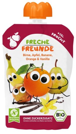MUS GRUSZKA - JABŁKO - BANAN - POMARAŃCZA - WANILIA BEZ DODATKU CUKRÓW BEZGLUTENOWY OD 8 MIESIĄCA BIO 100 g - FRECHE FREUNDE FRECHE FREUNDE (musy owocowe, przekąski)