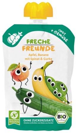 MUS JABŁKO - BANAN - SZPINAK - OGÓREK BEZ DODATKU CUKRÓW BEZGLUTENOWY OD 6 MIESIĄCA BIO 100 g - FRECHE FREUNDE FRECHE FREUNDE (musy owocowe, przekąski)