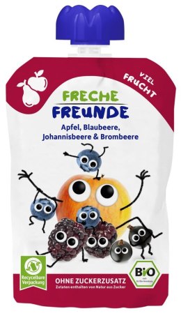 MUS JABŁKO - JAGODA - CZARNA PORZECZKA - JEŻYNA BEZ DODATKU CUKRÓW BEZGLUTENOWY OD 6 MIESIĄCA BIO 100 g - FRECHE FREUNDE FRECHE FREUNDE (musy owocowe, przekąski)