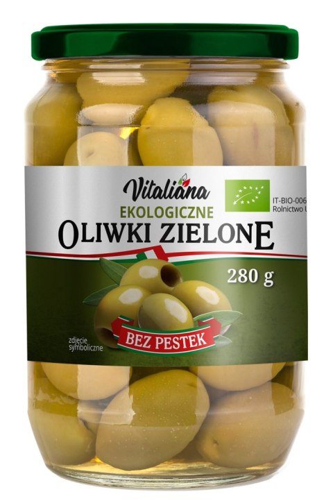 OLIWKI ZIELONE BEZ PESTEK W ZALEWIE BIO 280 g (150 g)- VITALIANA VITALIANA OLIWKI ZIELONE BEZ PESTEK W ZALEWIE BIO 280 g (150 g)- VITALIANA VITALIANA