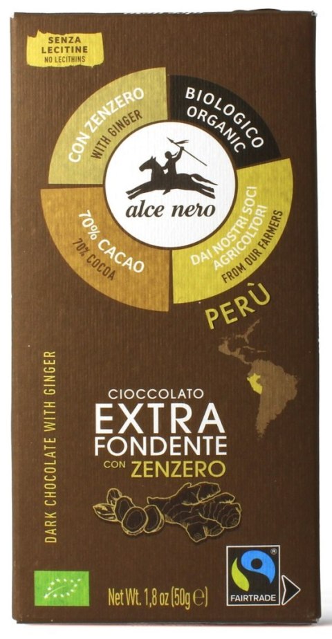 CZEKOLADA GORZKA Z IMBIREM FAIR TRADE BEZGLUTENOWA BIO 50 g - ALCE NERO ALCE NERO (włoskie produkty) CZEKOLADA GORZKA Z IMBIREM FAIR TRADE BEZGLUTENOWA BIO 50 g - ALCE NERO ALCE NERO (włoskie produkty)