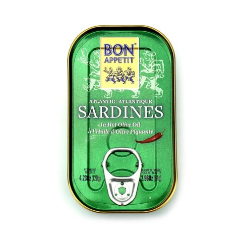 SARDYNKI PORTUGALSKIE W PIKANTNEJ OLIWIE Z OLIWEK 120 g (84 g) - BON APPETIT BON APPETIT (sardynki) SARDYNKI PORTUGALSKIE W PIKANTNEJ OLIWIE Z OLIWEK 120 g (84 g) - BON APPETIT BON APPETIT (sardynki)
