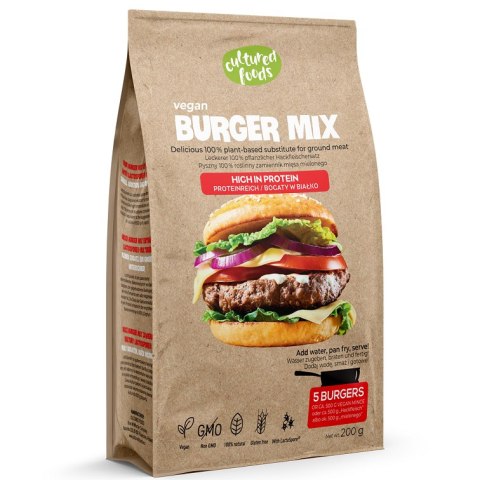 ZAMIENNIK MIĘSA MIELONEGO NA BURGERY BEZGLUTENOWY 200 g - CULTURED FOODS CULTURED FOODS (zamienniki wegańskie) ZAMIENNIK MIĘSA MIELONEGO NA BURGERY BEZGLUTENOWY 200 g - CULTURED FOODS CULTURED FOODS (zamienniki wegańskie)