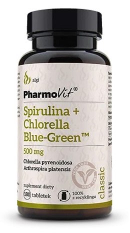 SPIRULINA + CHLORELLA BLUE-GREEN (500 mg) BEZGLUTENOWA 180 TABLETEK - PHARMOVIT (CLASSIC) PHARMOVIT (suplementy diety)