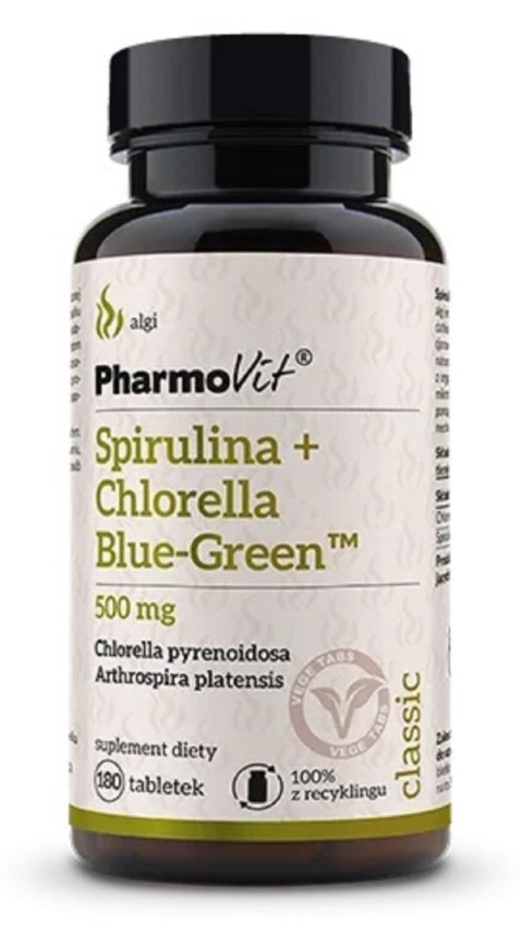 SPIRULINA + CHLORELLA BLUE-GREEN (500 mg) BEZGLUTENOWA 180 TABLETEK - PHARMOVIT (CLASSIC) PHARMOVIT (suplementy diety) SPIRULINA + CHLORELLA BLUE-GREEN (500 mg) BEZGLUTENOWA 180 TABLETEK - PHARMOVIT (CLASSIC) PHARMOVIT (suplementy diety)